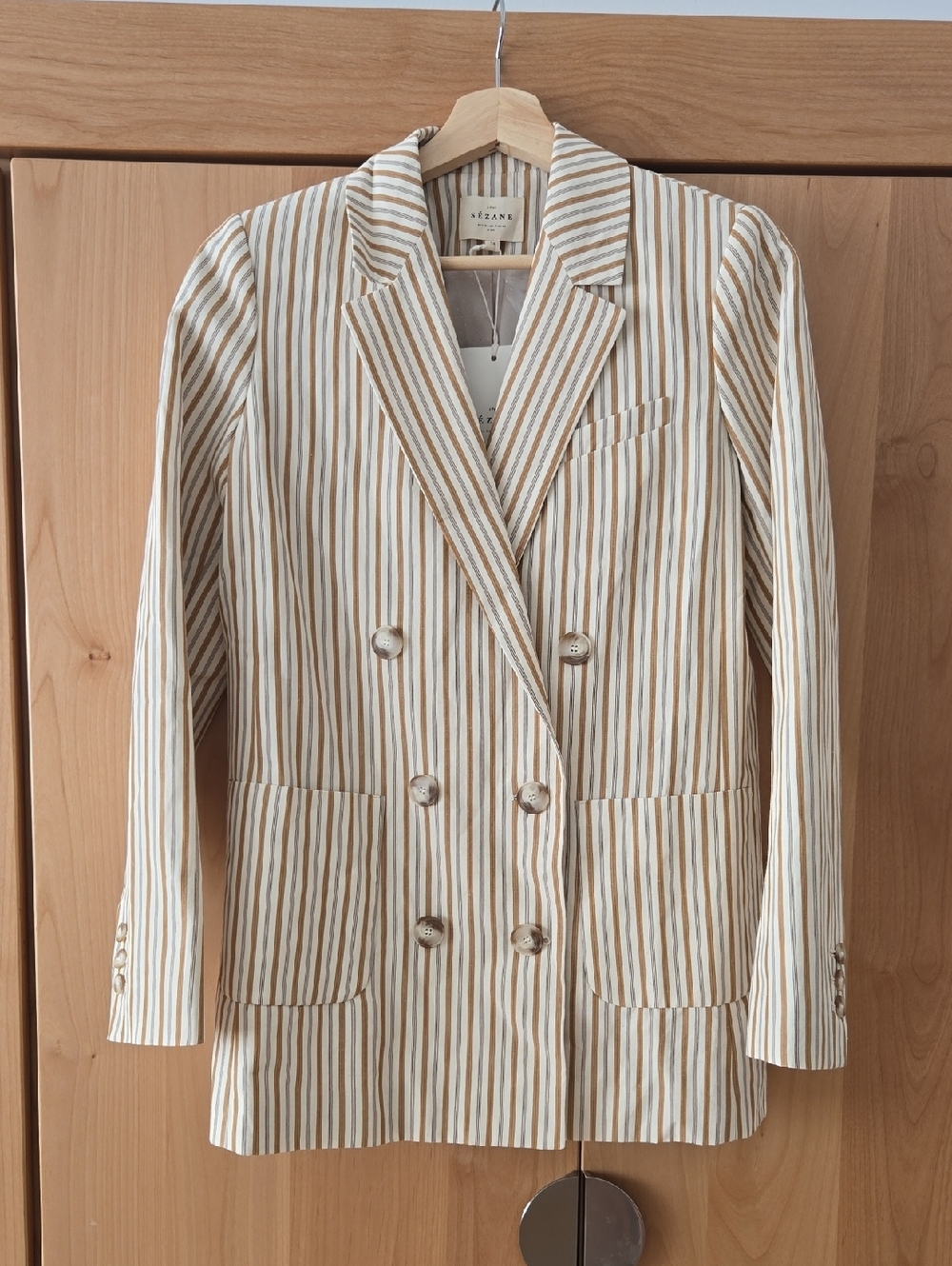 Sezane Michele Blazer, Striped Double-Breasted Blazer in Beige/Cafe, US2, VGUC